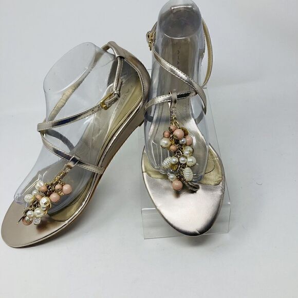 Tahari Women Gold Sandals Ray Style With‎ Bead Decoration Wedge Heel Sz 10 M - Picture 1 of 12